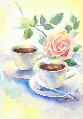 Tableau  Romantique petit déjeuner à café et a rose rose à main peint à aquarelle Illustration