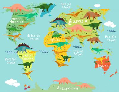 Papier peint  Carte du monde pour enfants avec des dinosaures en couleurs