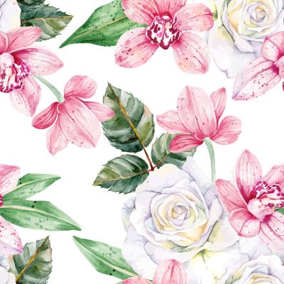 Papier peint à motif  Orchidées roses et roses blanches