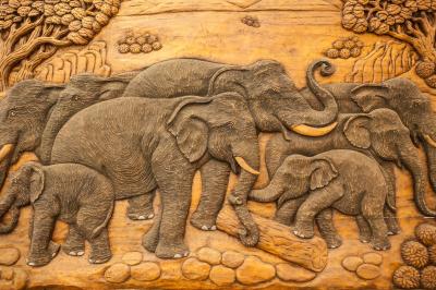 Tableau  Carved Thai elephant on the wood