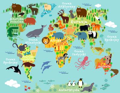 Sticker  Carte du monde signée montrant des animaux caractéristiques
