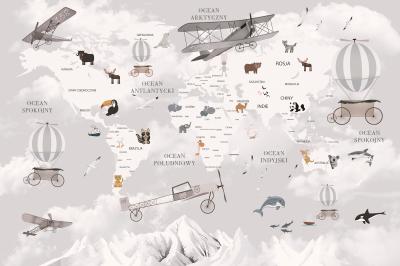 Papier peint  Carte du monde avec des animaux et des avions pour enfants