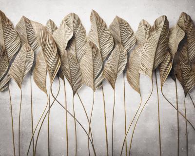 Papier peint  Grandes feuilles tropicales sur fond de béton