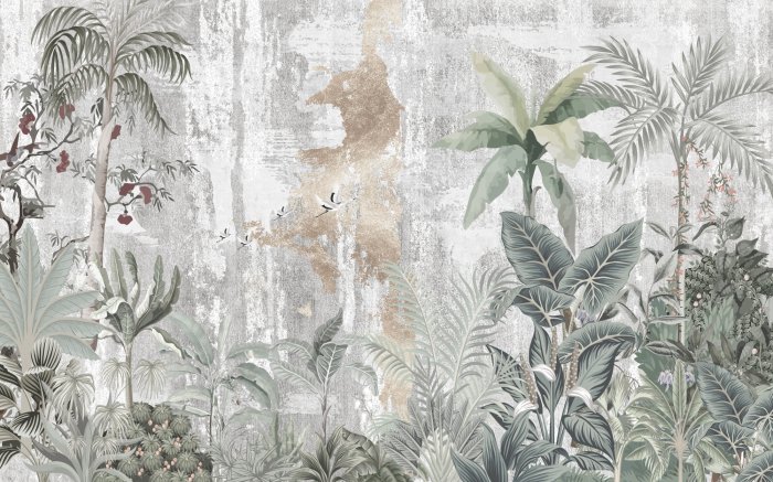 Papier peint  Arbres et oiseaux de la jungle tropicale sur fond de béton