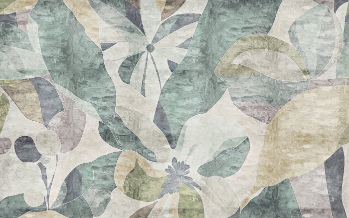 Papier peint  Feuilles et fleurs de style abstrait sur un fond texturé