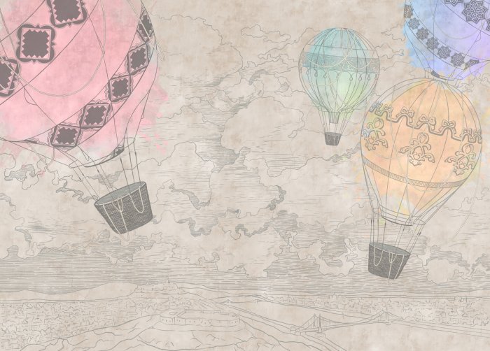 Papier peint  Ballons colorés sur fond de paysage beige