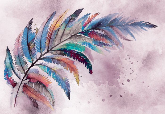 Papier peint  Plume colorée sur fond aquarelle