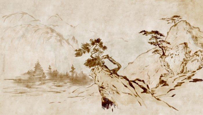 Papier peint  Des arbres sur les rochers, un paysage pittoresque de style chinois