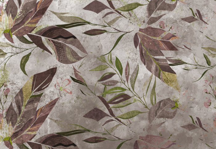Papier peint  Feuilles brunes et vertes sur fond de béton