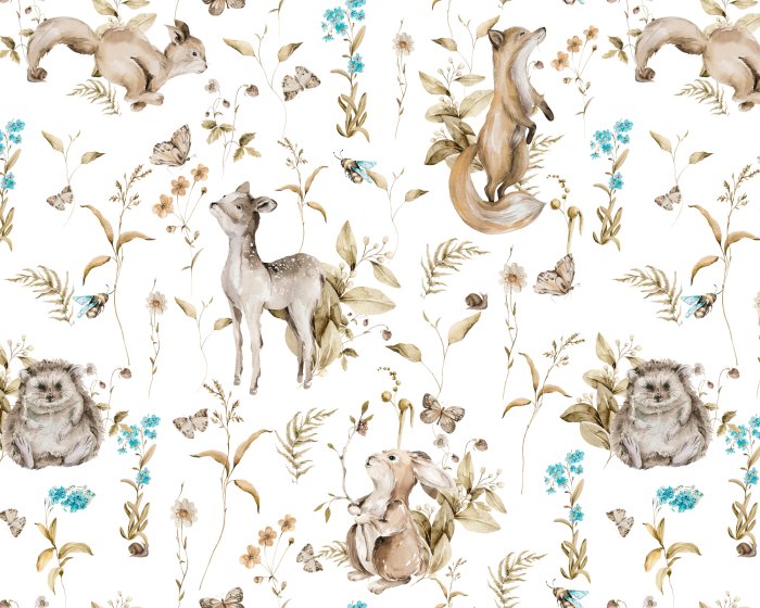 Papier peint  Animaux et plantes de la forêt à l&#39;aquarelle sur fond blanc
