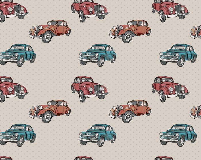 Papier peint  Voitures rétro sur fond à pois