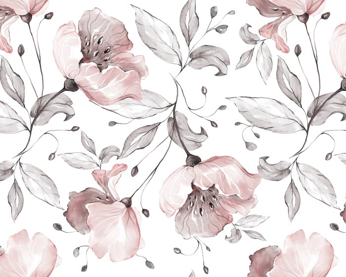 Papier peint  Fleurs roses et feuilles grises dans un style aquarelle