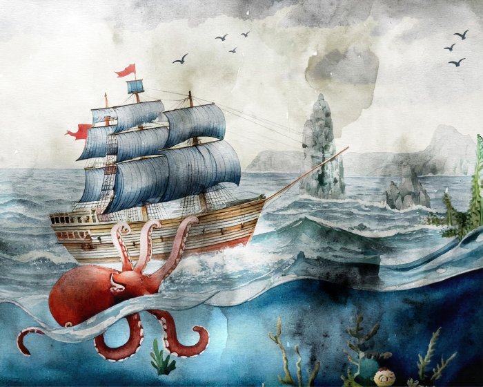 Papier peint  Modèle de pieuvre et de bateau en mer pour les enfants