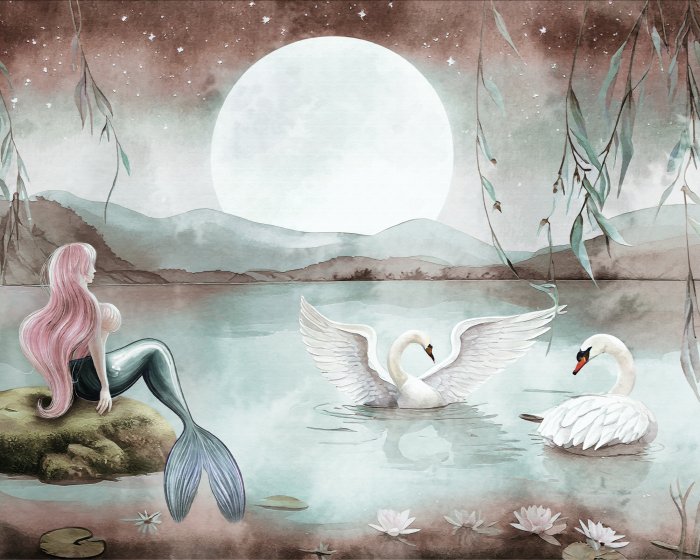 Papier peint  Sirène et cygnes sous la pleine lune
