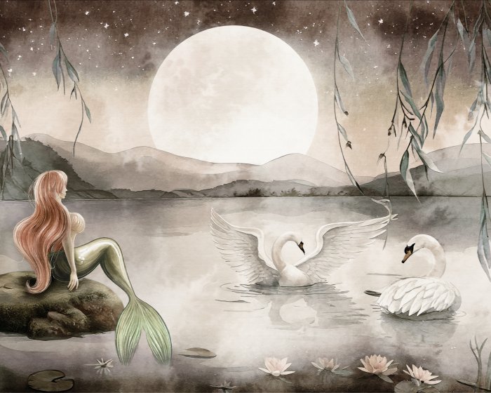 Papier peint  Modèle pour enfant de sirène et de cygnes à la pleine lune