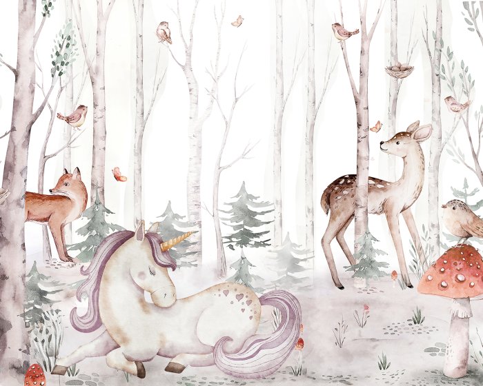 Papier peint  Licorne et animaux parmi les arbres dans une forêt aquarelle