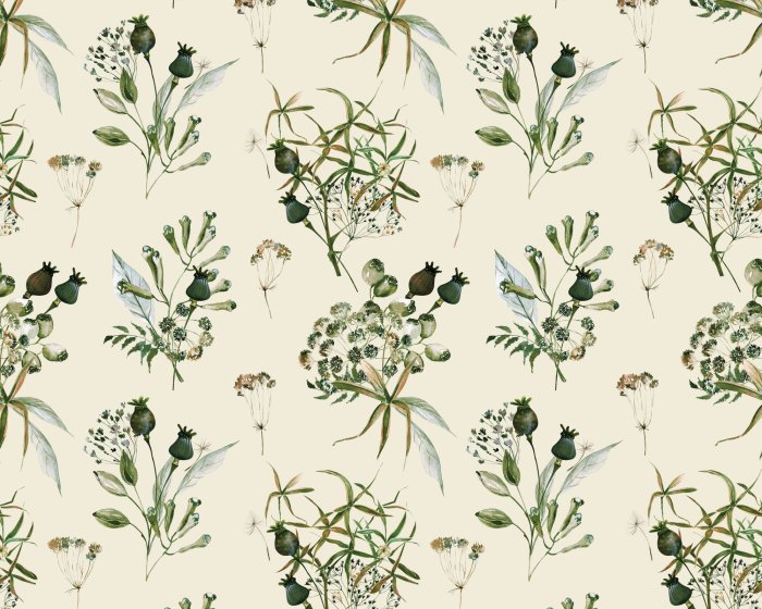 Papier peint  Branches vertes de fleurs et de plantes sauvages