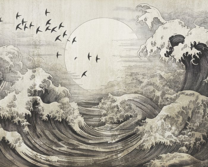 Papier peint  Paysage avec une grosse vague et une pleine lune