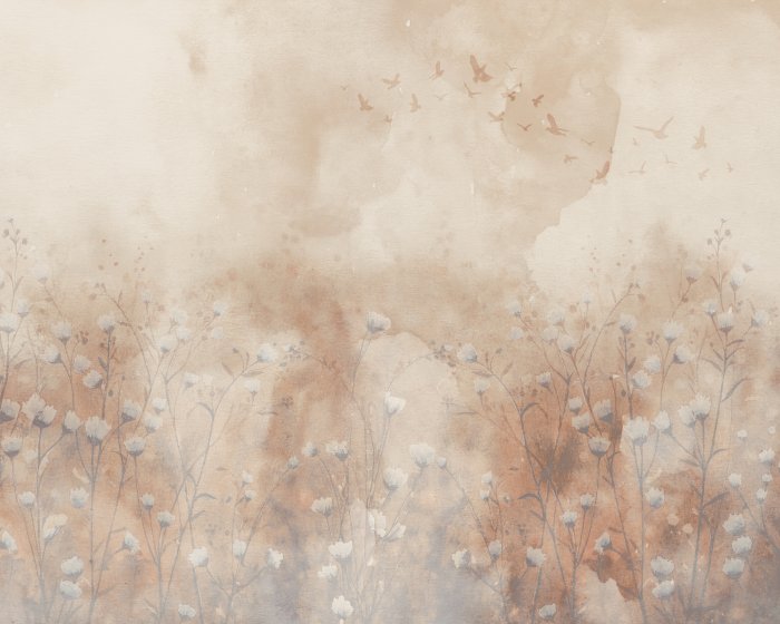 Papier peint  Paysage aquarelle de fleurs sauvages et d&#39;oiseaux