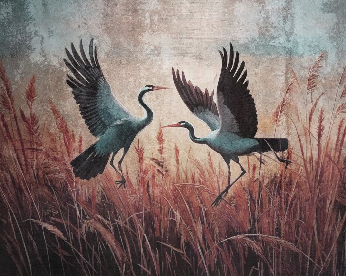 Papier peint  Hérons et plantes sur fond texturé