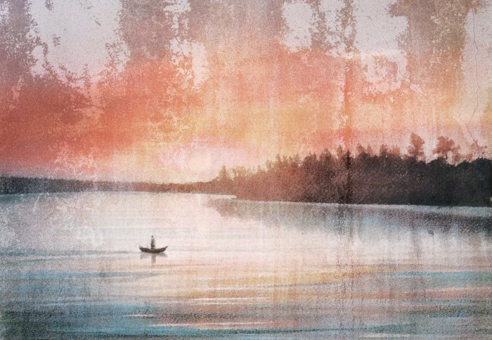 Papier peint  Paysage d&#39;un bateau sur un lac avec un effet de texture béton