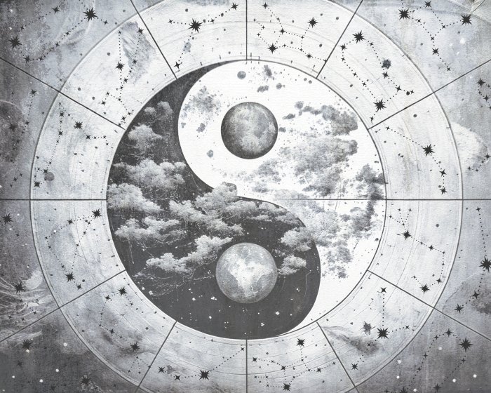Papier peint  Symbole Yin Yang noir et blanc sur fond étoilé