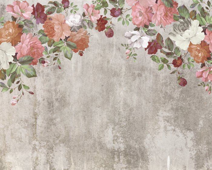 Papier peint  Fleurs colorées suspendues au-dessus d&#39;un fond en béton