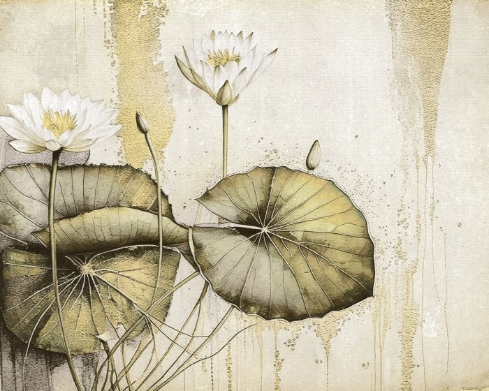 Papier peint  Nénuphars blancs et feuilles sur fond de béton