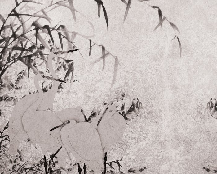 Papier peint  Hérons et branches de bambou sur un fond texturé
