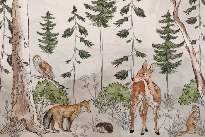 Papier peint  Animaux sauvages dans une forêt à l&#39;aquarelle