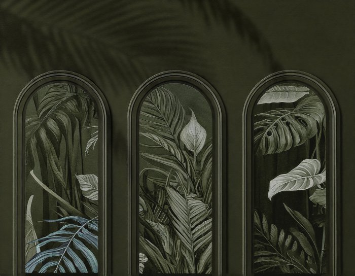 Papier peint  Feuilles vertes tropicales dans des arches 3D
