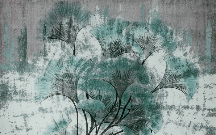 Papier peint  Feuilles de ginkgo sur fond de béton