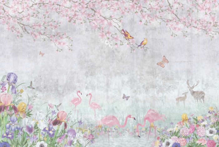 Papier peint  Flamants roses et animaux de la forêt parmi des fleurs colorées