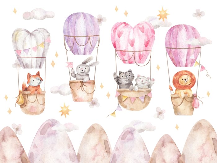 Papier peint  Motif aquarelle animaux et ballons pour enfants