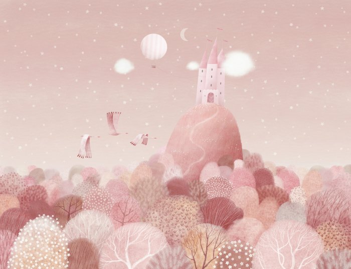 Papier peint  Château sur une colline, paysage de conte de fées rose