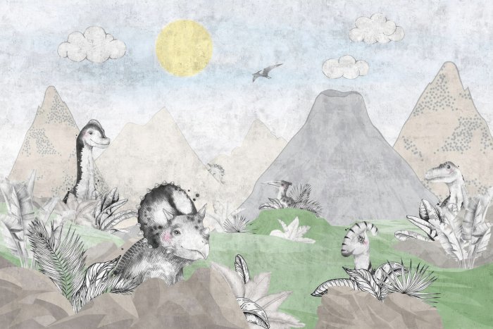 Papier peint  Dinosaures et paysage tropical avec volcans