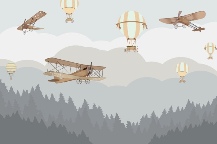 Papier peint  Paysage de conte de fées avec ballons et avions pour enfants