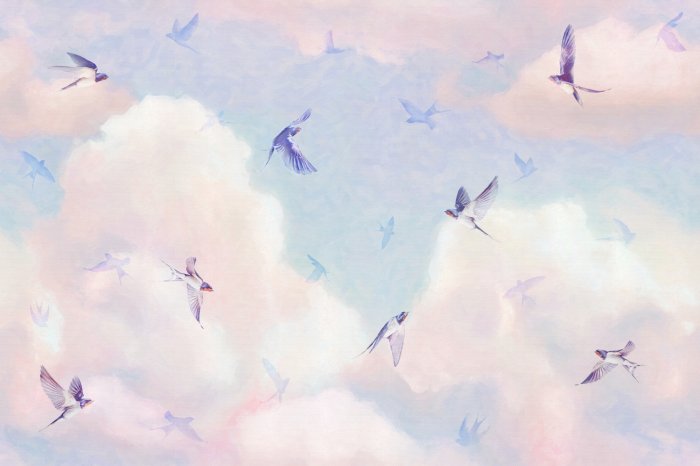 Papier peint  Oiseaux sur un ciel pastel avec des nuages