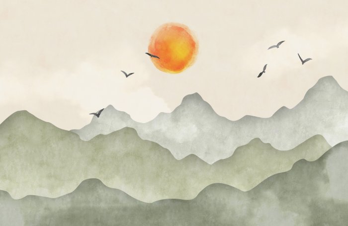 Papier peint  Lever de soleil et oiseaux sur fond de paysage aquarelle