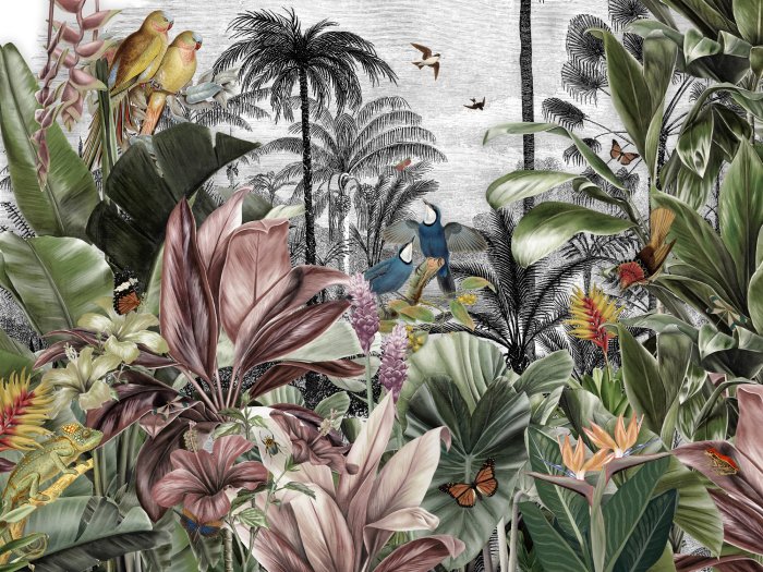 Papier peint  Plantes tropicales colorées et oiseaux dans la jungle