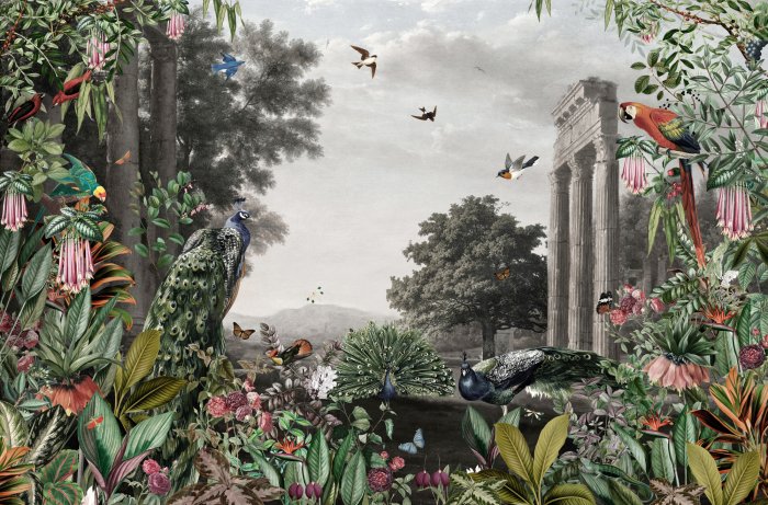 Papier peint  Plantes tropicales et oiseaux sur fond d&#39;architecture