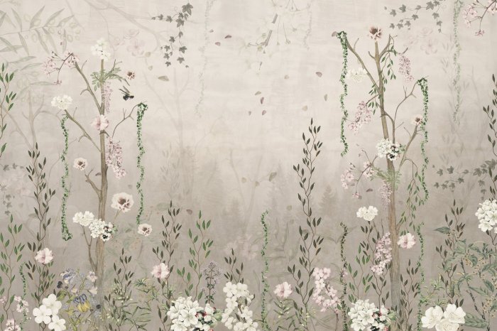 Papier peint  Plantes vertes et fleurs de style vintage