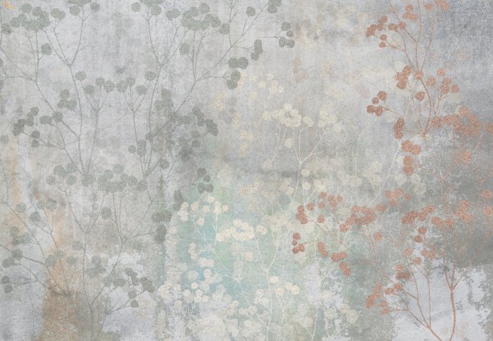 Papier peint  Brindilles avec des feuilles sur du béton gris