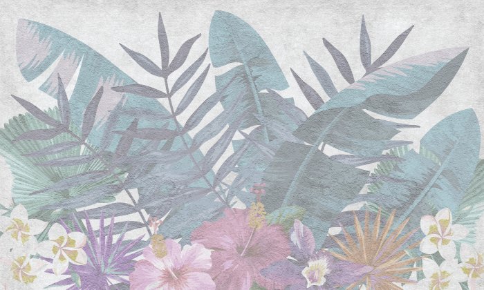 Papier peint  Fleurs exotiques et feuilles vertes