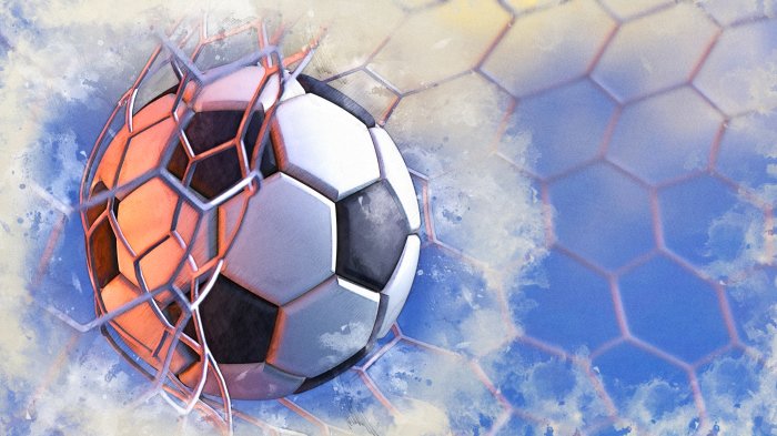 Papier peint  Une balle dans le filet sur fond bleu