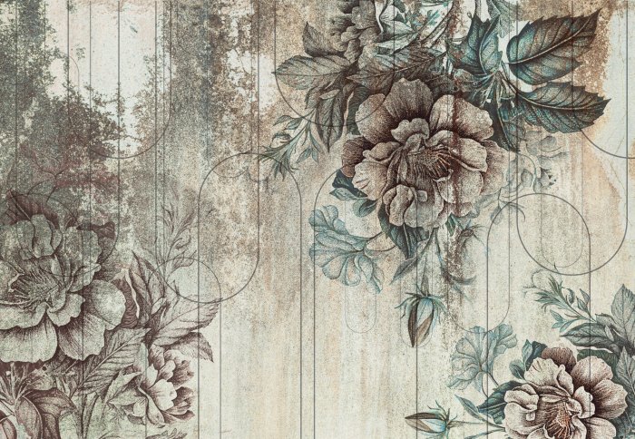 Papier peint  Motif vintage avec fleurs et géométrie