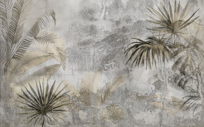 Papier peint  Composition tropicale de palmiers et de bananiers sur un fond texturé