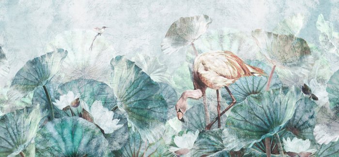 Papier peint  Flamant rose parmi les feuilles et les fleurs du lys