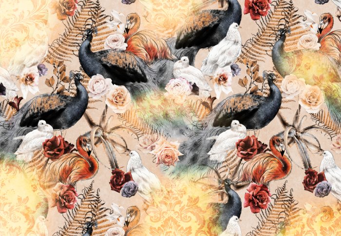 Papier peint  Une composition avec des oiseaux parmi des ornements et des fleurs