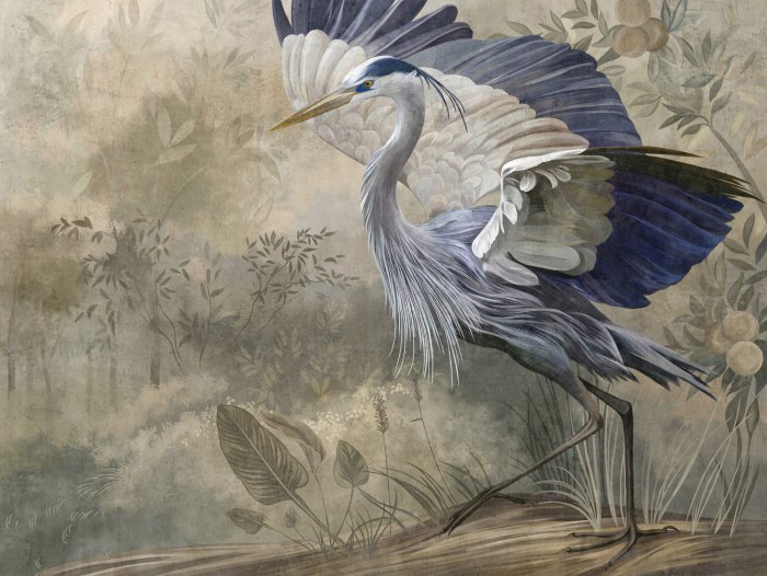 Papier peint  Composition de héron et de plantes tropicales